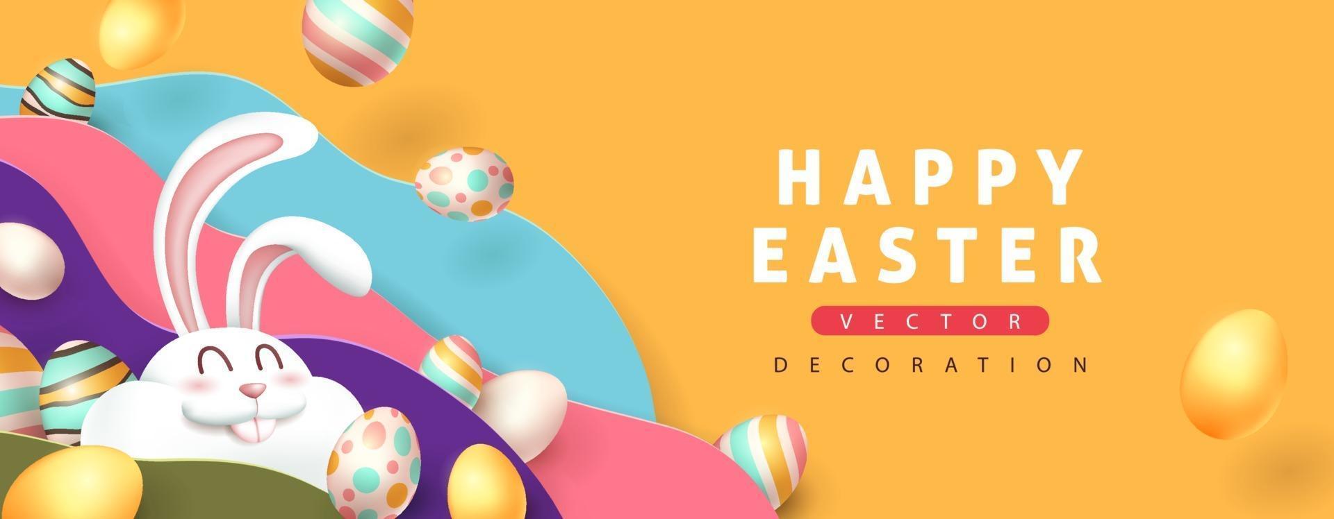 Easter banner background with cute rabbit and colored easter eggs. vector