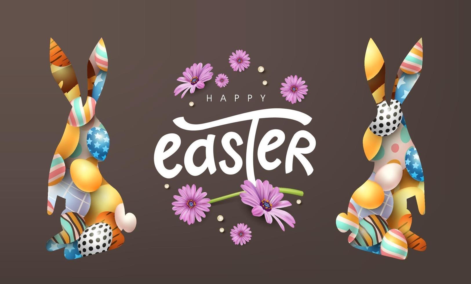 Fondo de banner de feliz pascua. forma de conejo o conejito con huevos de colores. vector