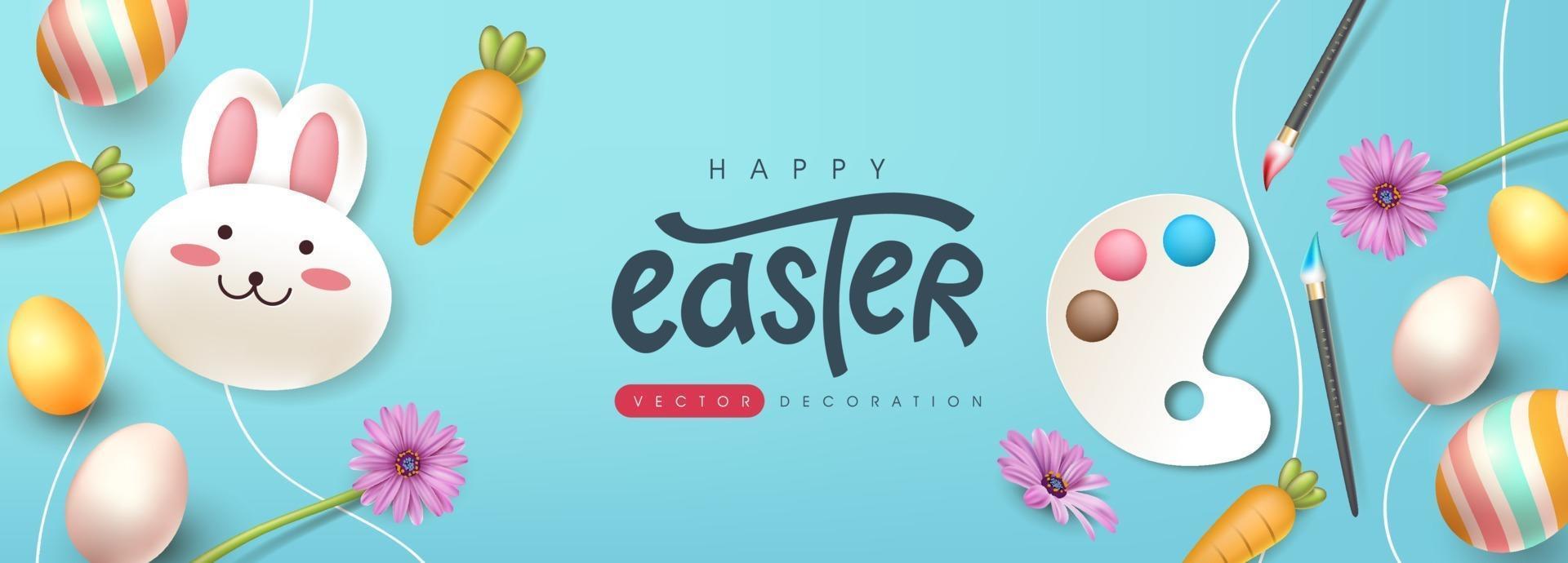 Easter banner background with cute rabbit and colored easter eggs. vector