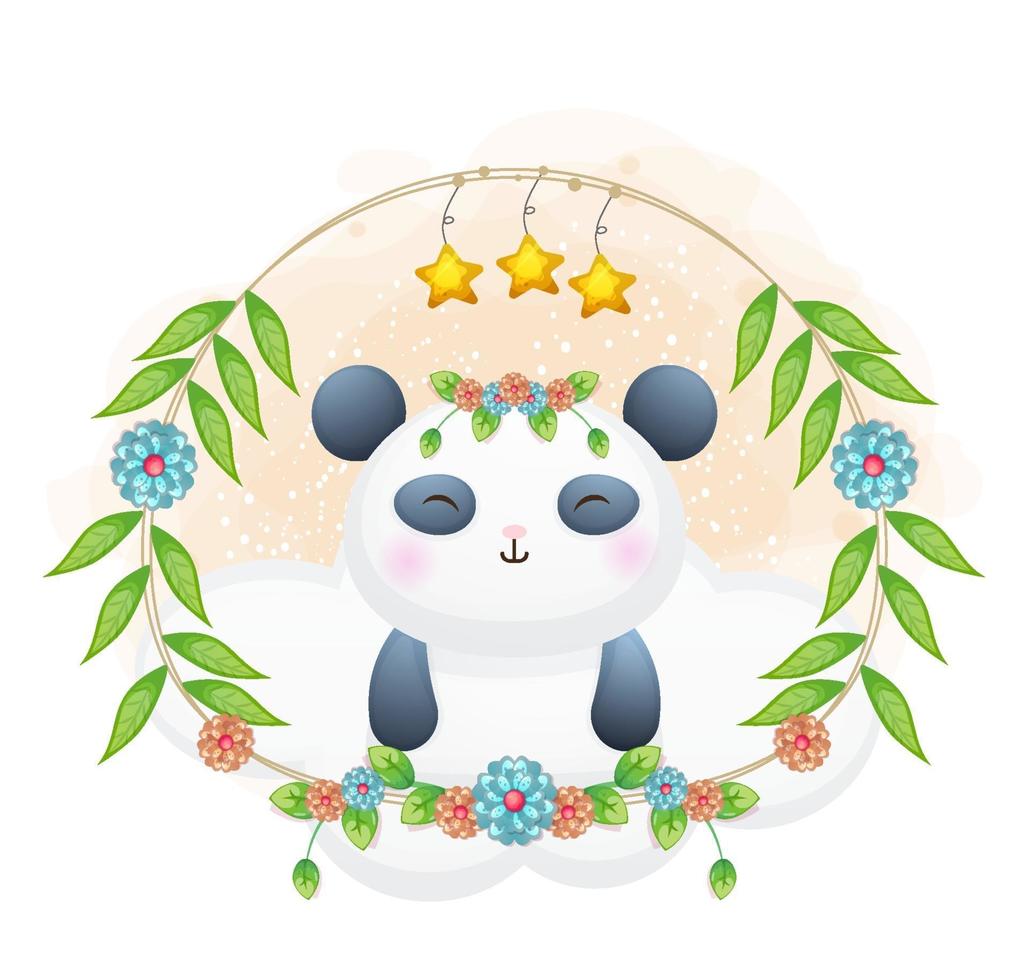 lindo pequeño panda con ilustración floral de dibujos animados. animales con colección floral. vector