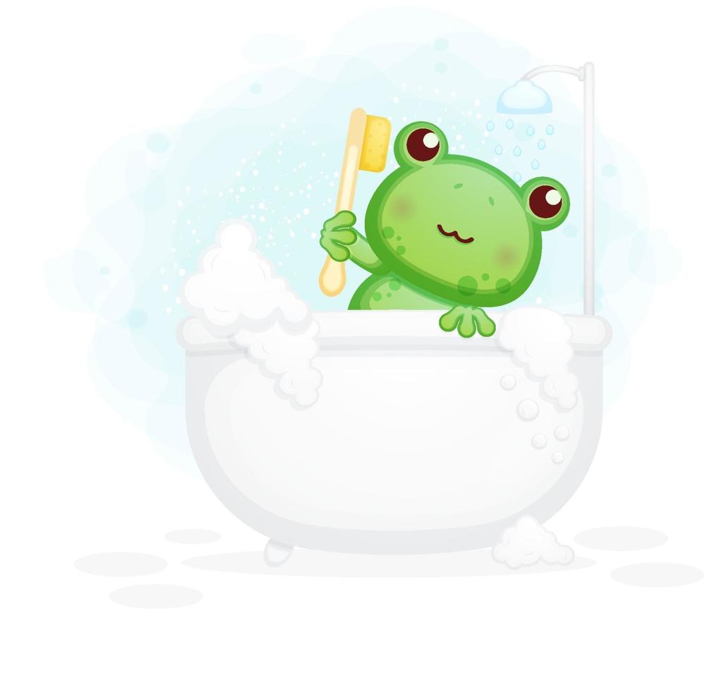 Cute frog lying in the bathtub cartoon illustration vector