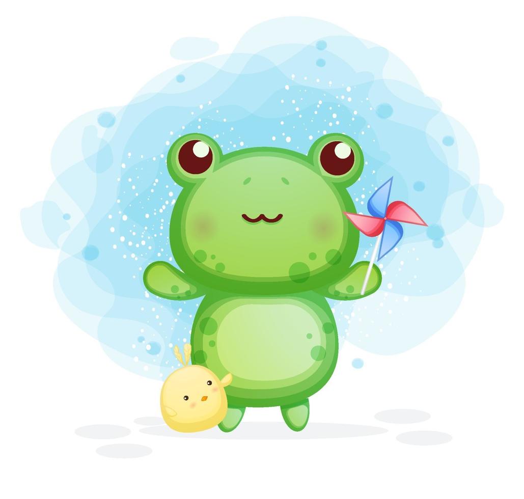 Cute frog in the bathtub with chicks cartoon illustration vector