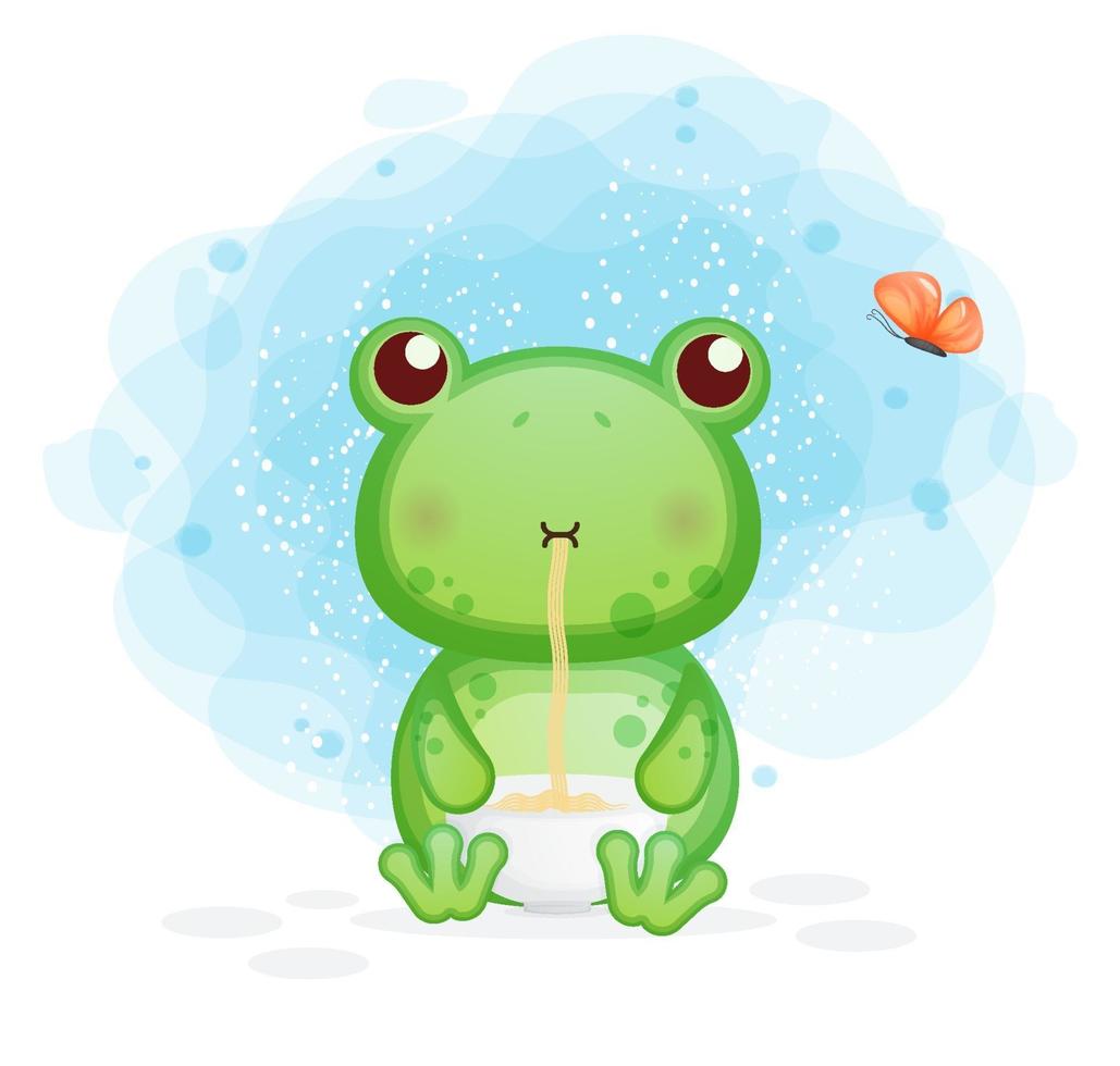 Cute frog eats noodle cartoon illustration. vector