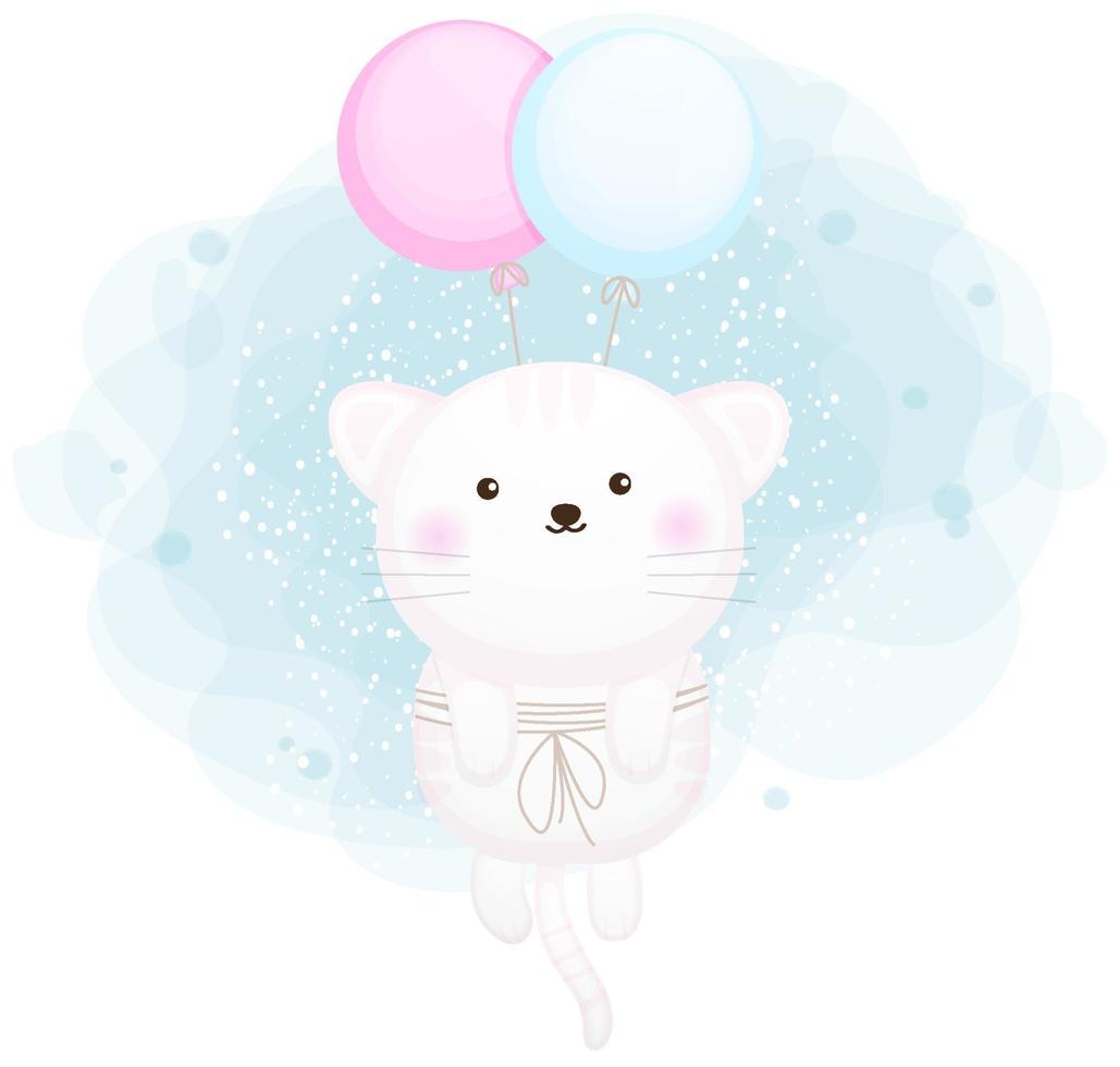 Cute little kitty flying with balloons vector