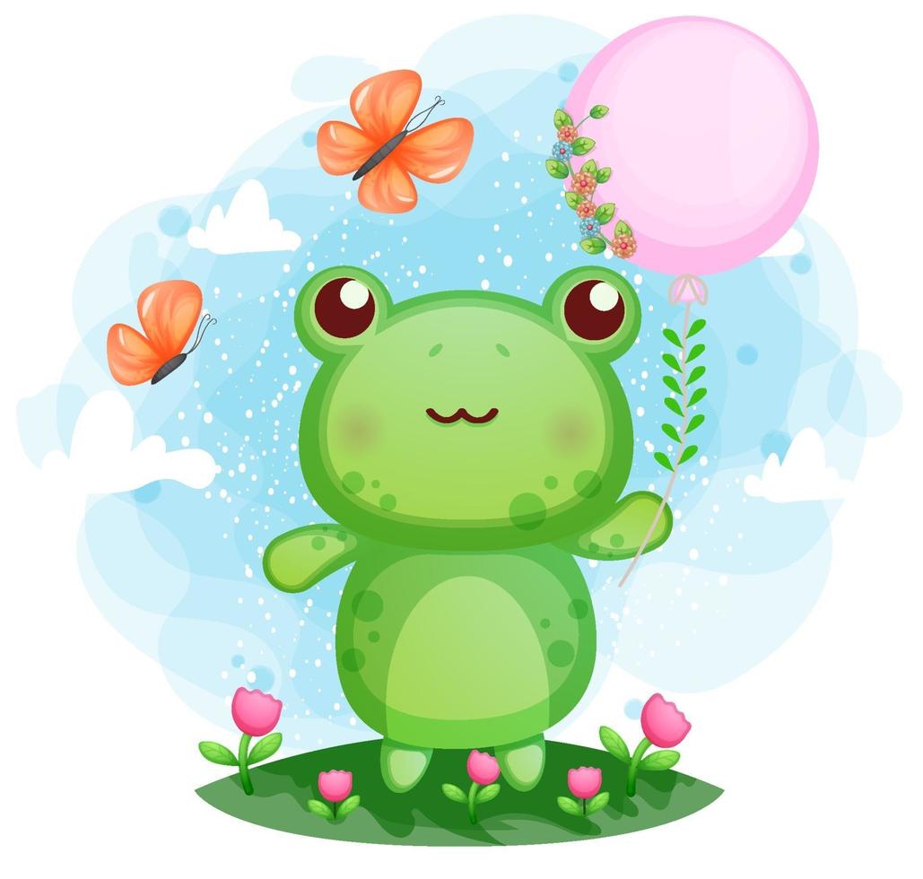 Cute little frog holding a balloon vector