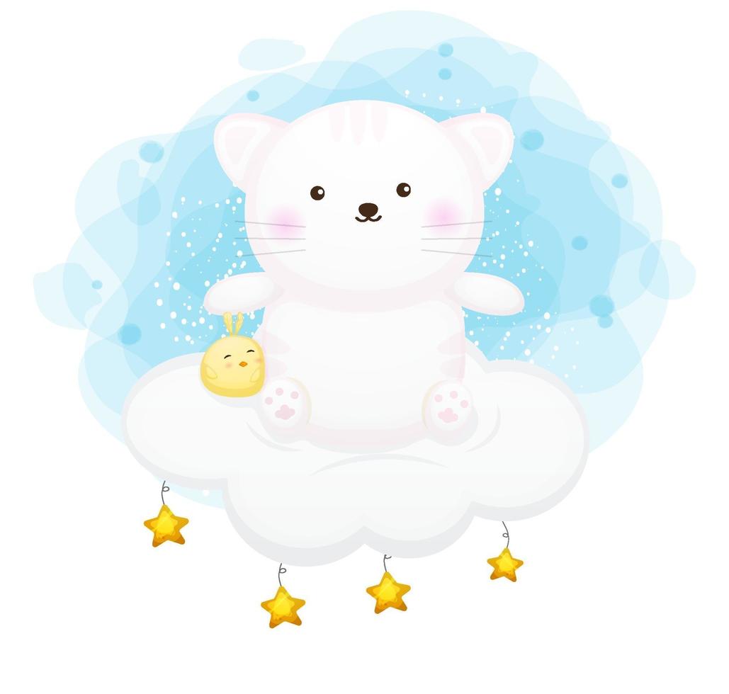 Cute kitty sitting on the cloud vector