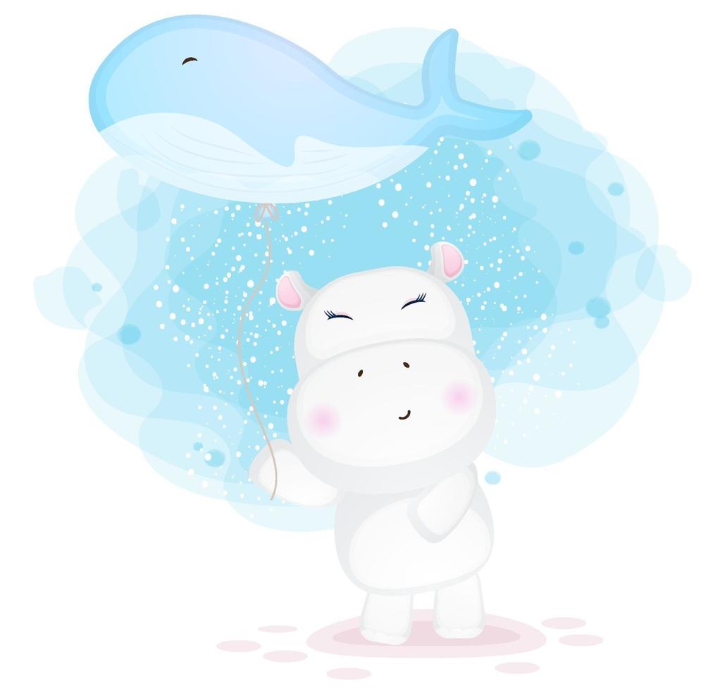 Cute doodle hippo holding whale balloon cartoon illustration vector