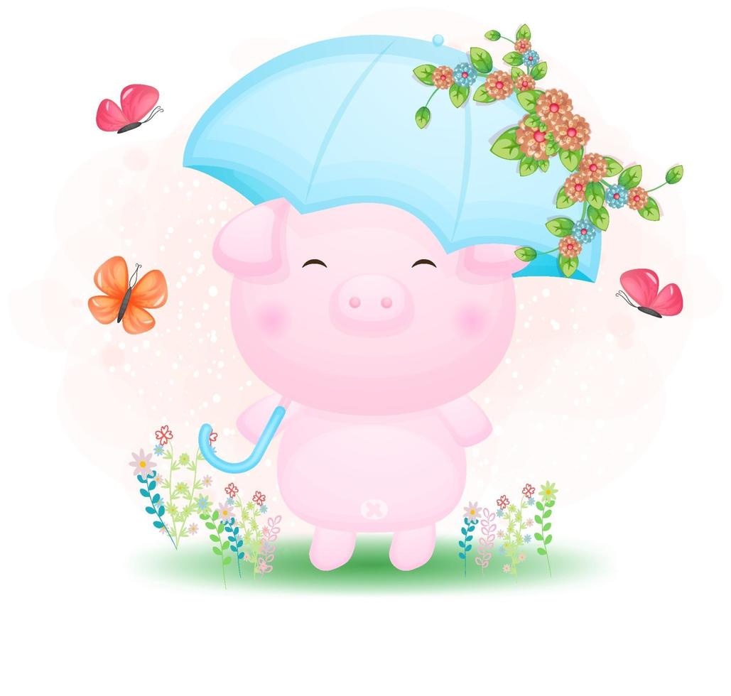 Cute doodle piggy holding umbrella with floral cartoon illustration vector