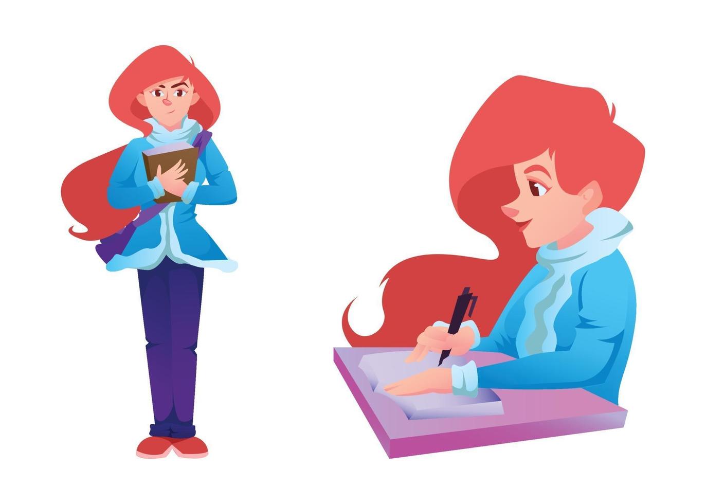 Beautiful redhead student girl writing in a notebook vector