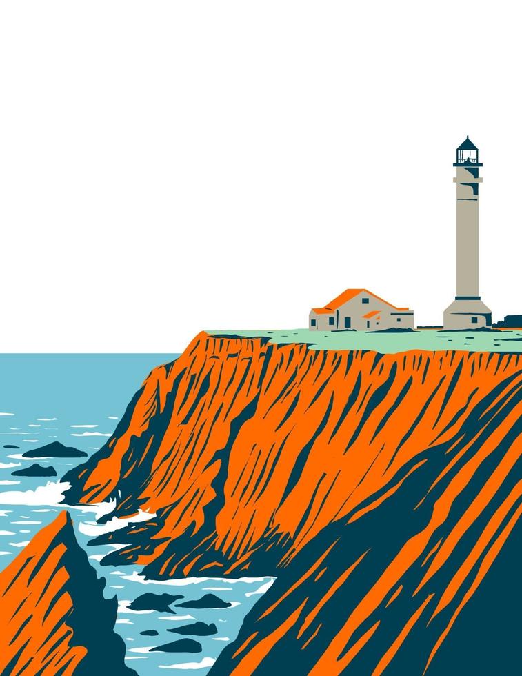 Point Arena Lighthouse en el condado de Mendoza ubicado en el monumento nacional costero de California Coast of California wpa poster art vector