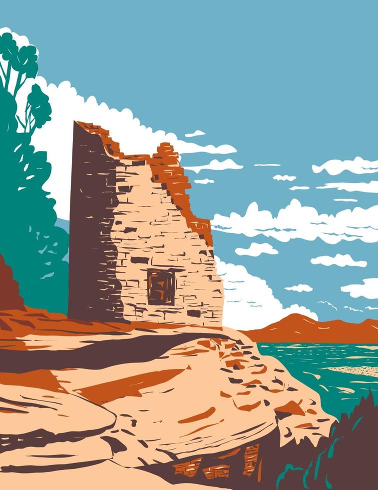 pueblo pintado a mano en el cañón de los antiguos monumento nacional en el suroeste de colorado wpa poster art vector