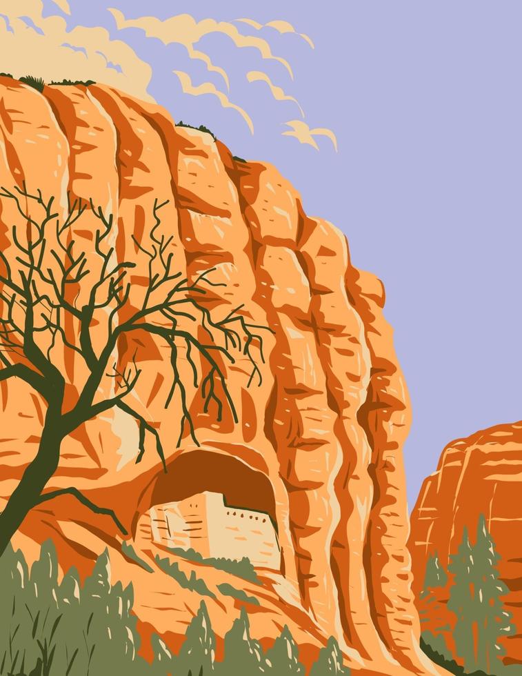 Mogollon Cliff Dwellings in Gila Cliff Dwellings National Monument Located in the Gila Wilderness New Mexico WPA Poster Art vector
