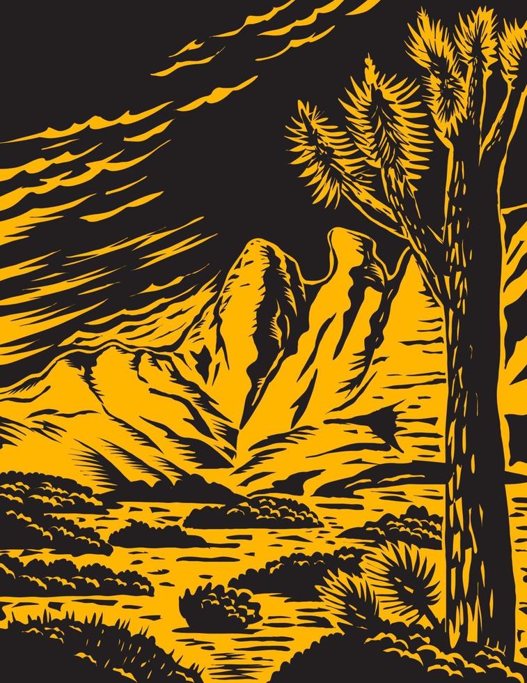 Joshua Tree en el remoto y accidentado paisaje desértico de Gold Butte National Monument en el condado de Clark, Nevada, xilografía, wpa, poster art vector