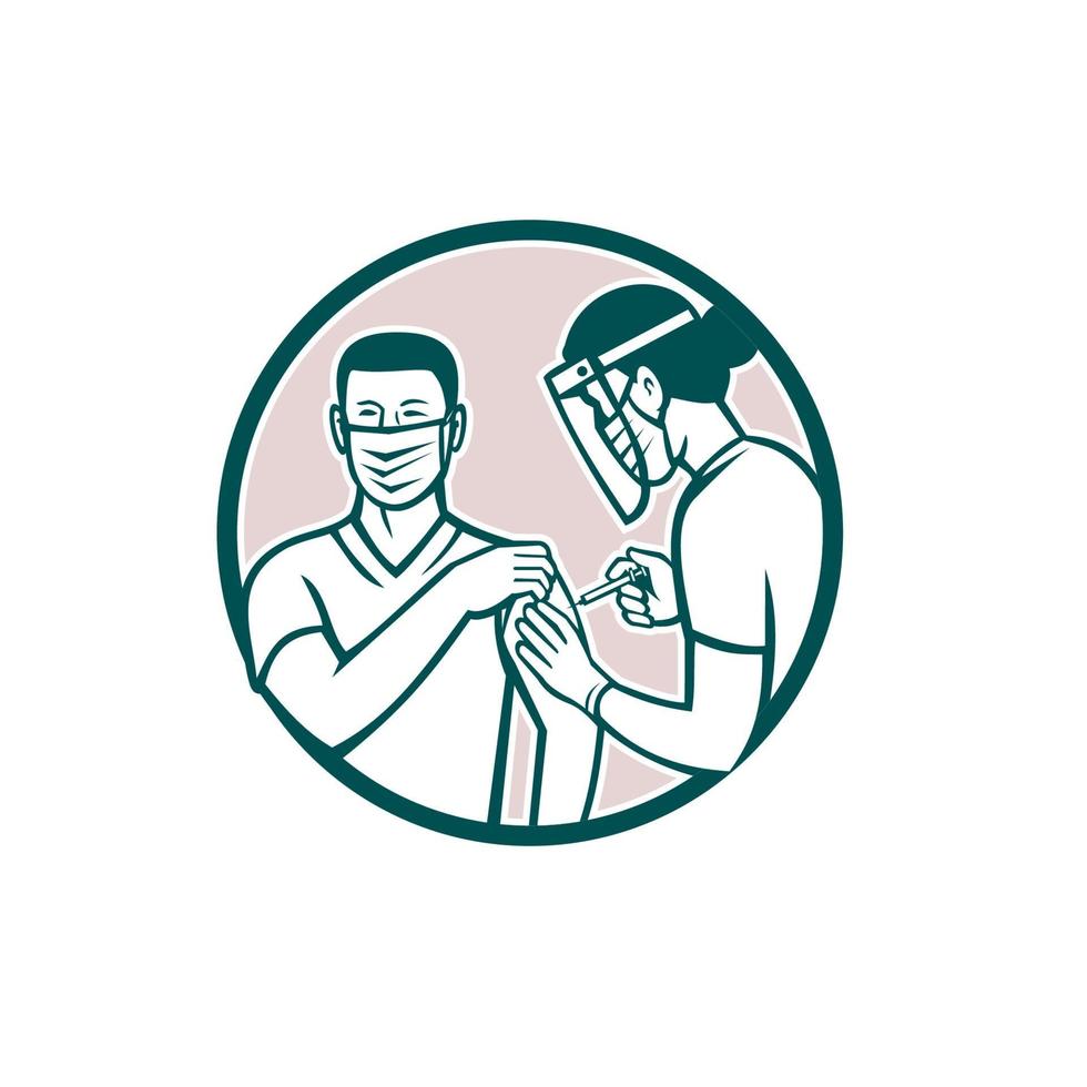 Frontline Worker Vaccinated with Covid-19 Vaccine by a Medical Doctor or Nurse Set in Circle Retro Icon vector