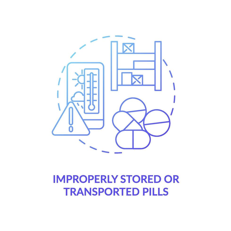 Icono de concepto de píldoras almacenadas o transportadas incorrectamente vector