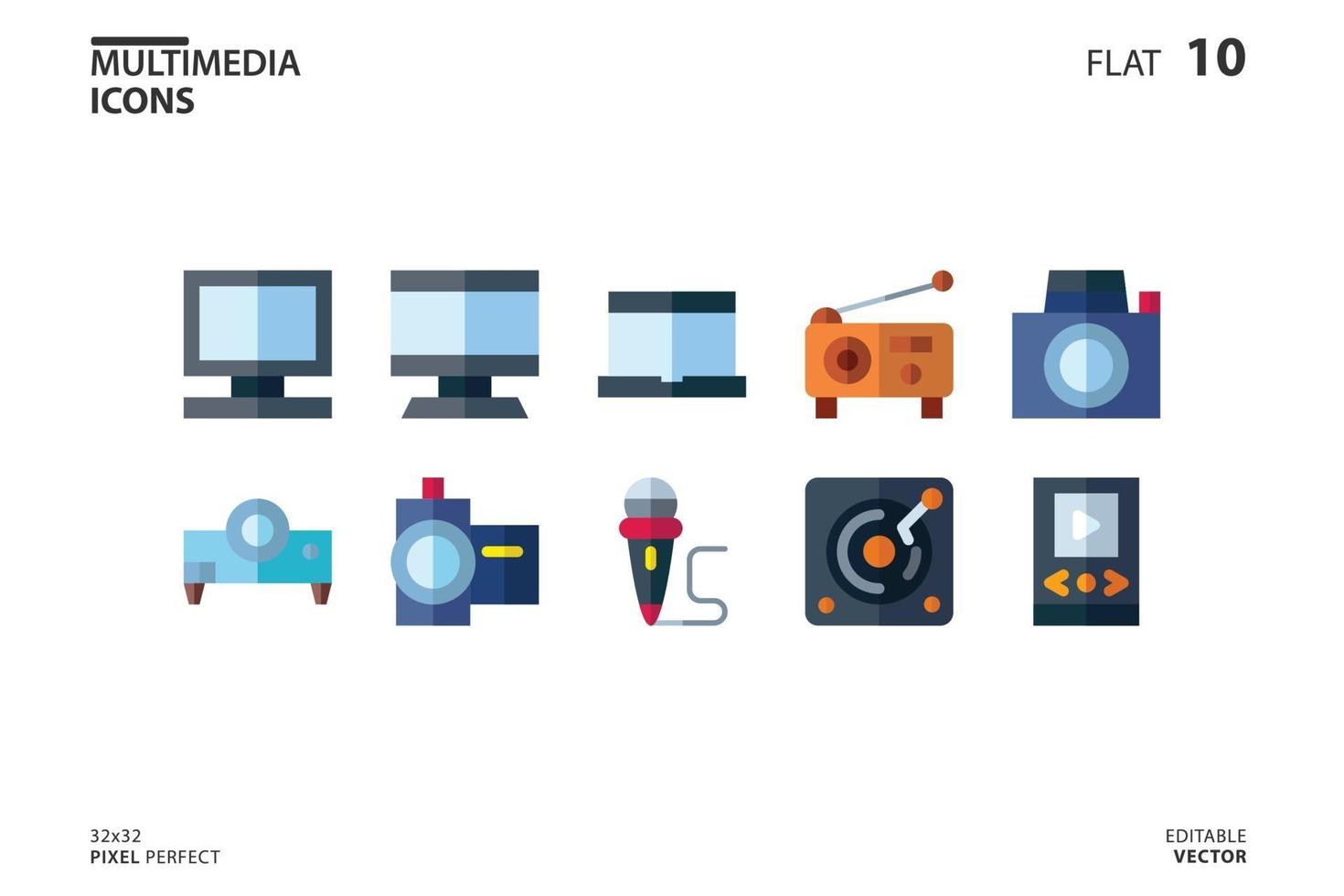 10 Icon collection of Multimedia in flat style. vector illustration and editable stroke. Isolated on white background.