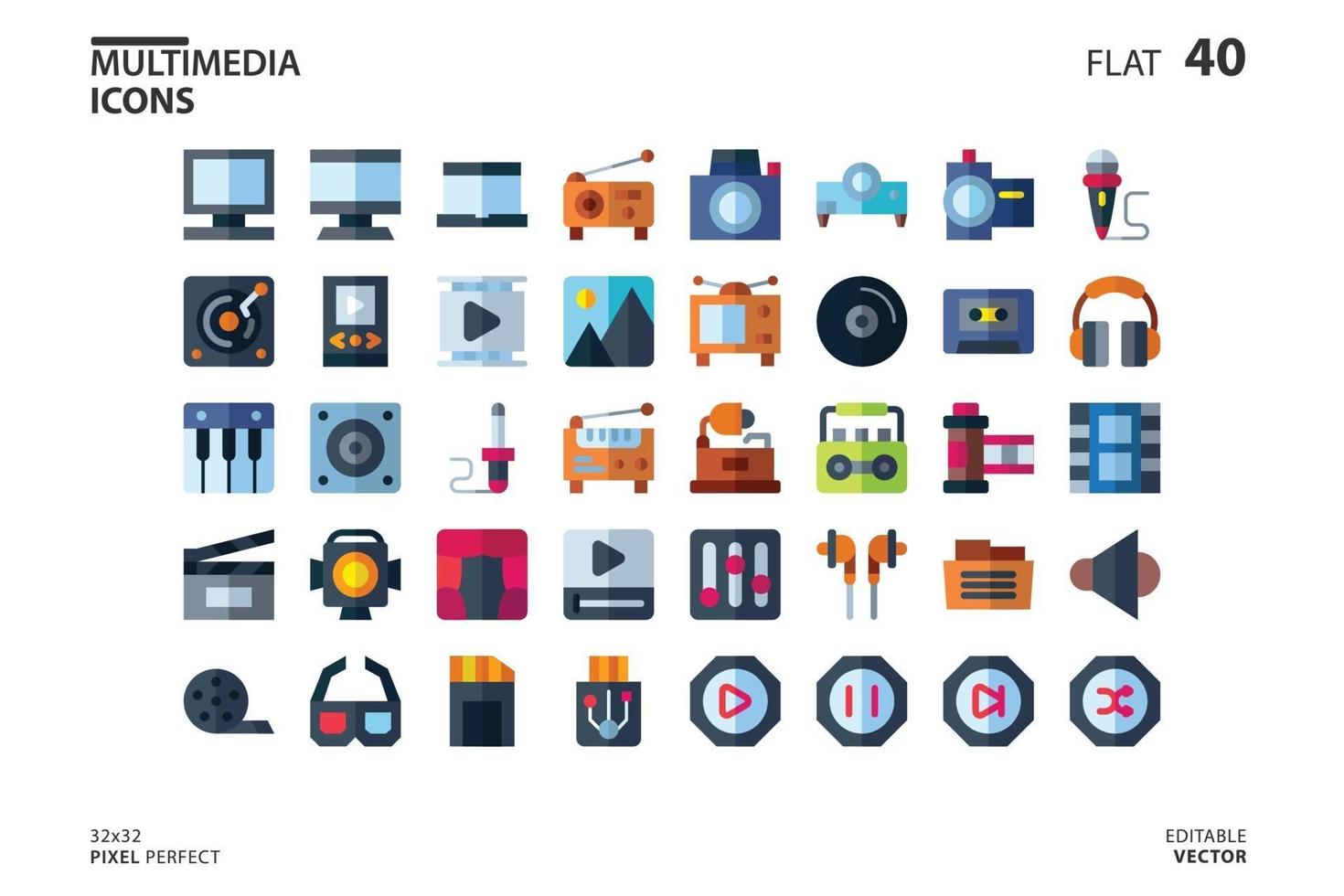 Icon collection of Multimedia in flat style. vector illustration and editable stroke. Isolated on white background.