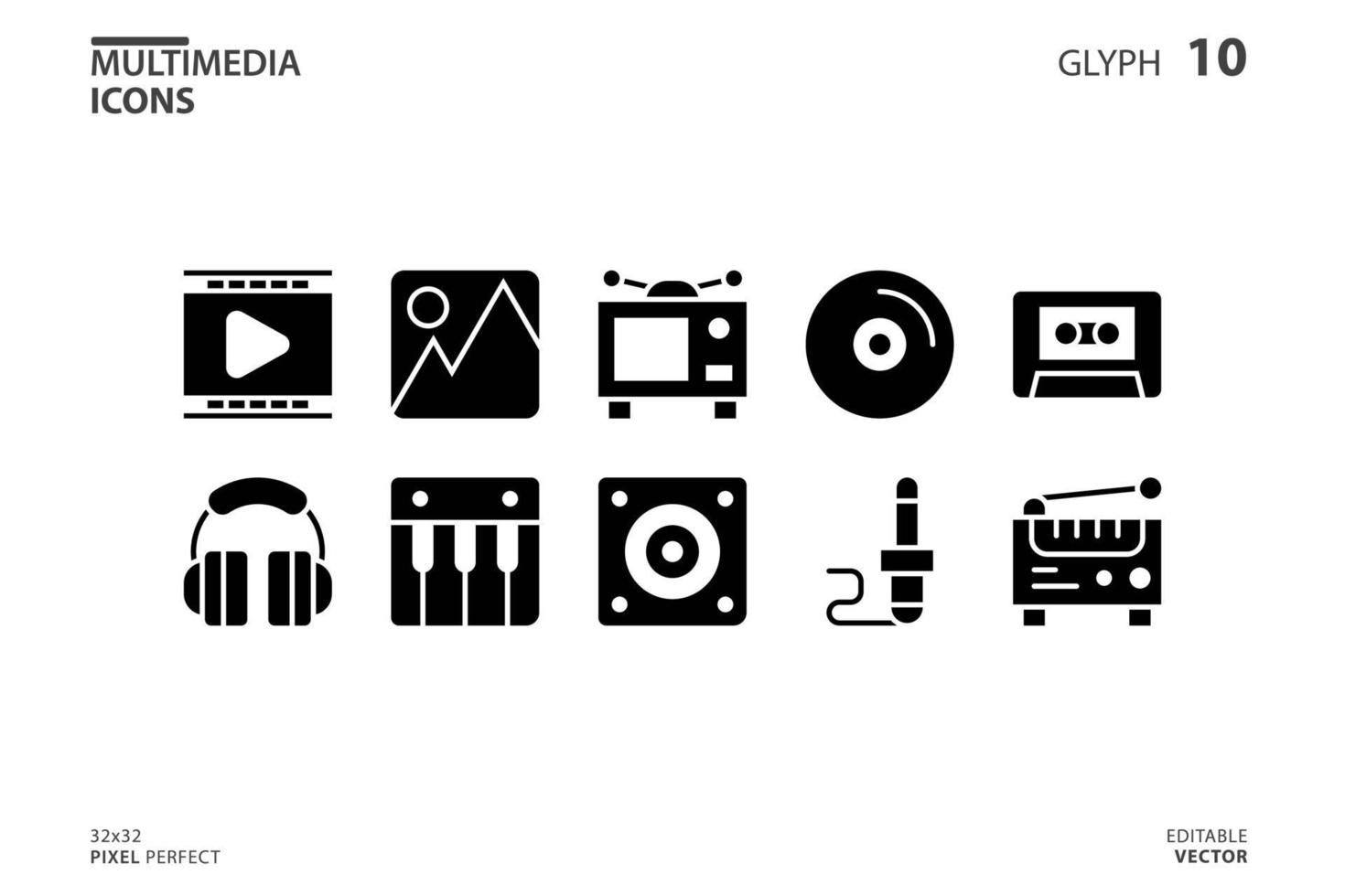colección de iconos de multimedia en estilo glifo. ilustración vectorial y trazo editable. aislado sobre fondo blanco. vector