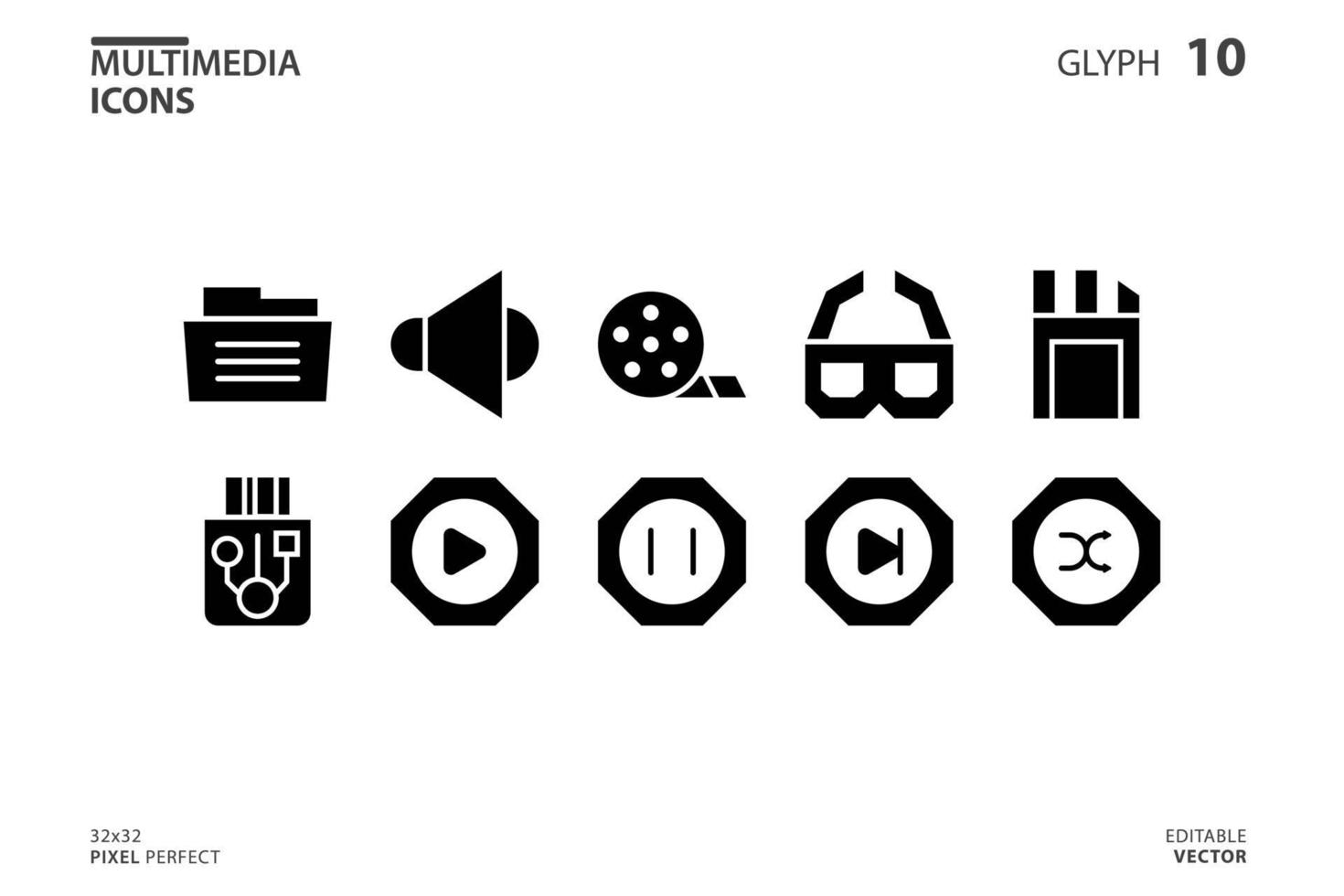 Icon collection of Multimedia in glyph style. vector illustration and editable stroke. Isolated on white background.