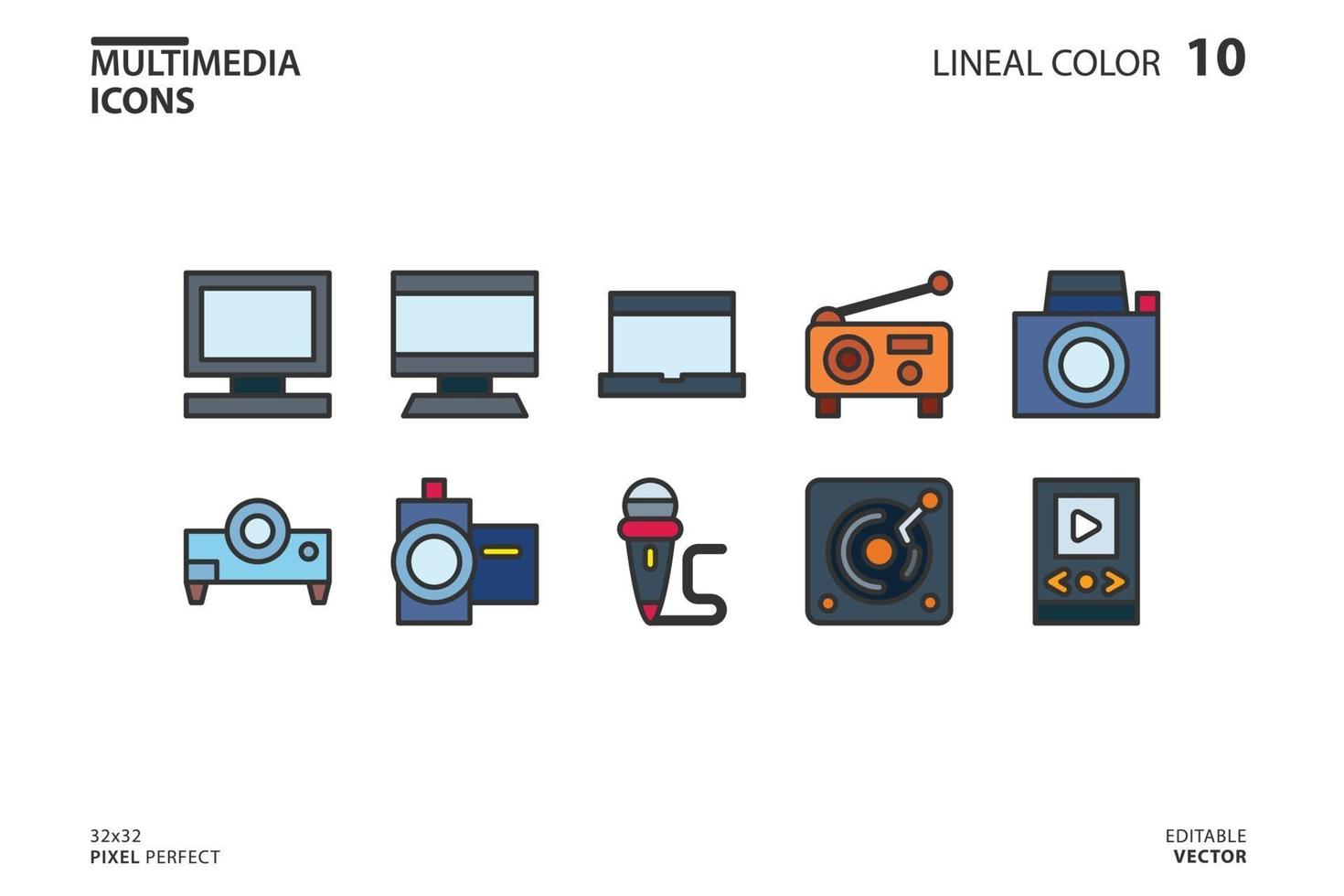 línea de colección de iconos multimedia y estilo de relleno vector