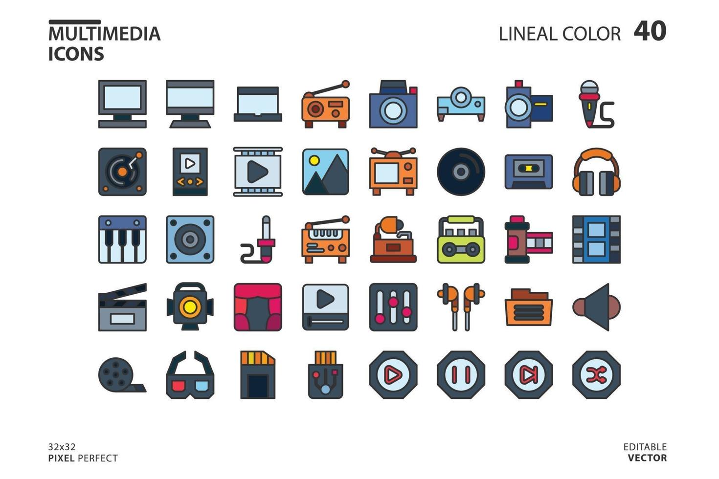 línea de colección de iconos multimedia y estilo de relleno vector