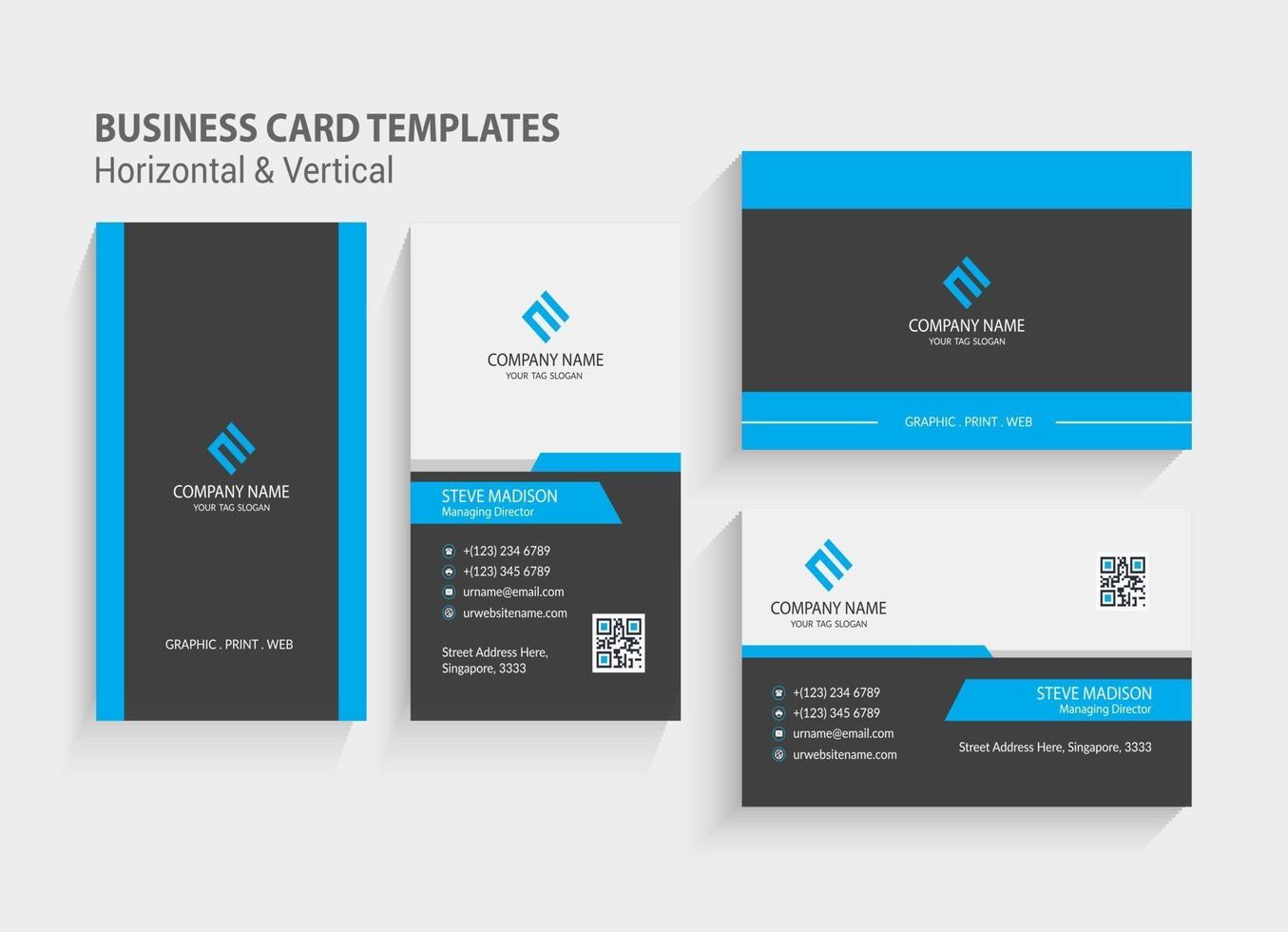 Double-sided Creative and Modern Business Card template. Portrait and landscape orientation. Horizontal and vertical layout. Stationery Design, Print Template, Vector illustration.