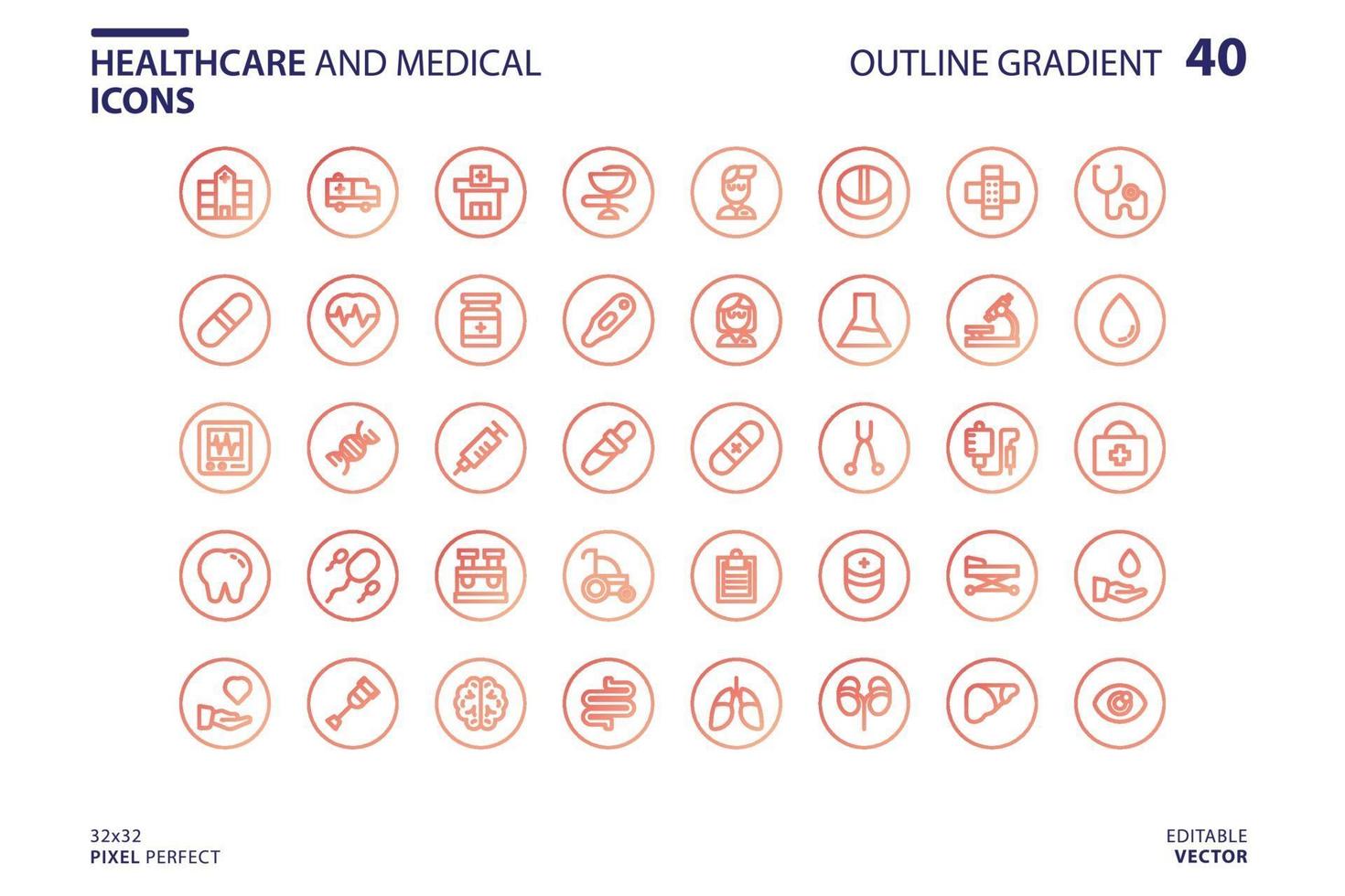 conjunto de iconos de salud y médicos en estilo degradado de contorno vector