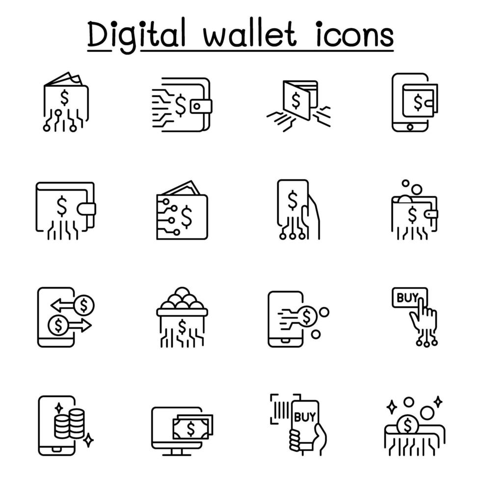 Digital wallets icon set in thin line style vector