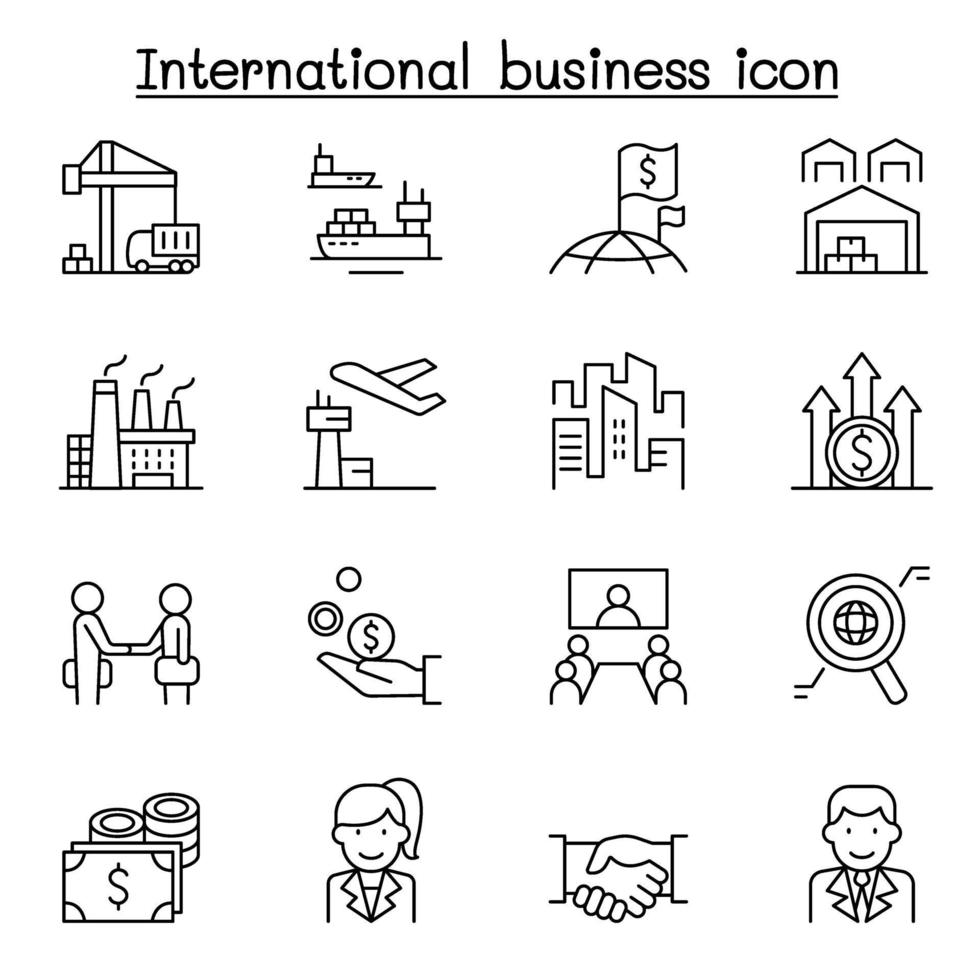 iconos de negocios internacionales en estilo de línea fina vector