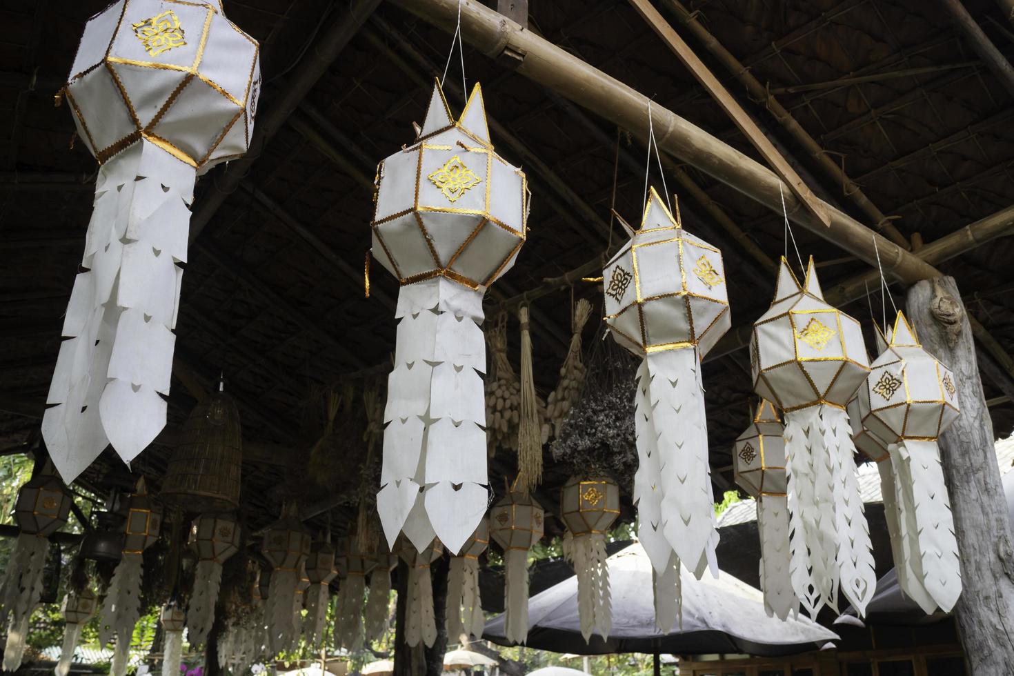 Paper lanterns hanging from the raftesr photo