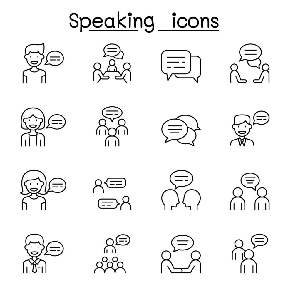 Talk, speech, discussion, dialog, speaking, chat, conference, meeting icon set in thin line style vector