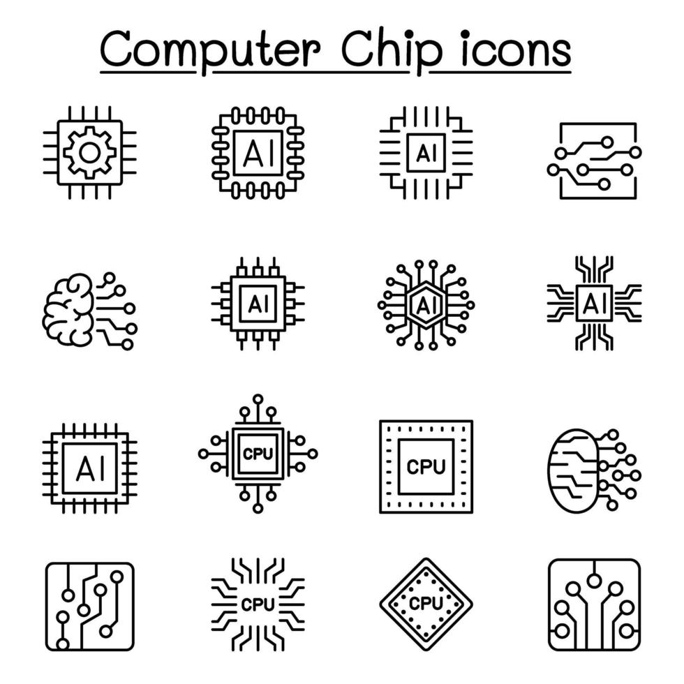Computer Chips and Electronic Circuit icons in thin line style vector