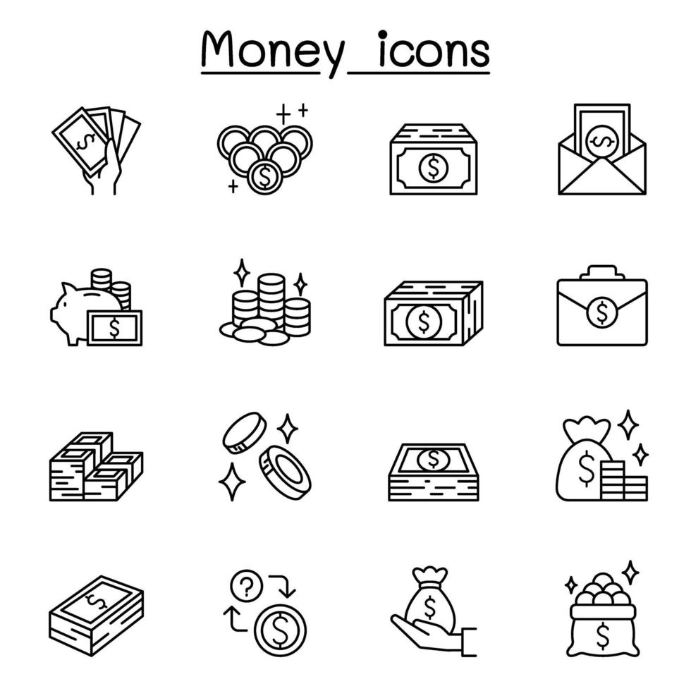 iconos de dinero en estilo de línea fina vector