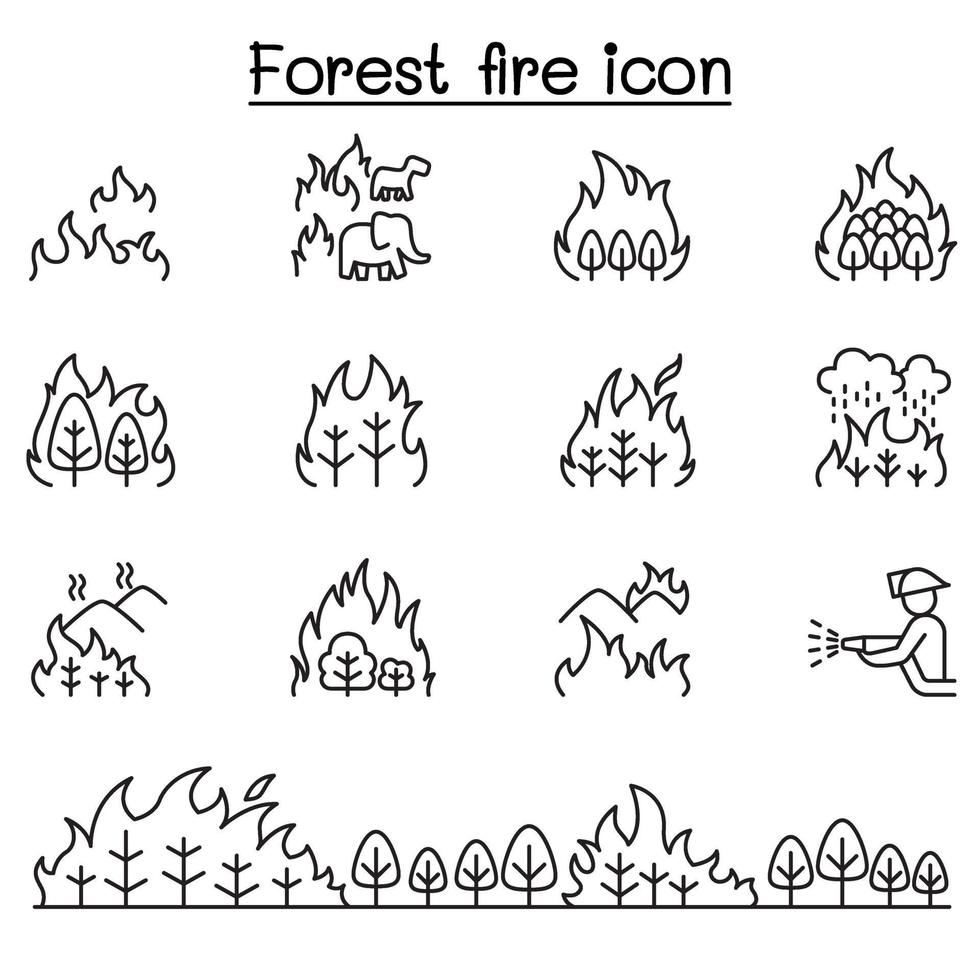 forest fire, wildfire icons set in thin line style vector