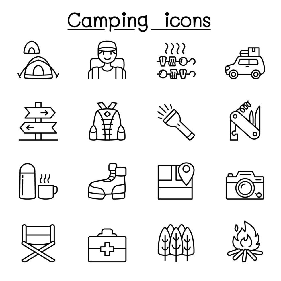 iconos de camping y senderismo en estilo de línea fina vector