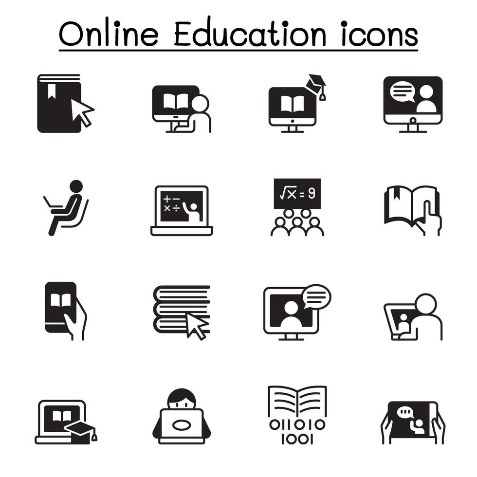 Diseño gráfico del ejemplo del vector del conjunto de iconos de la educación en línea