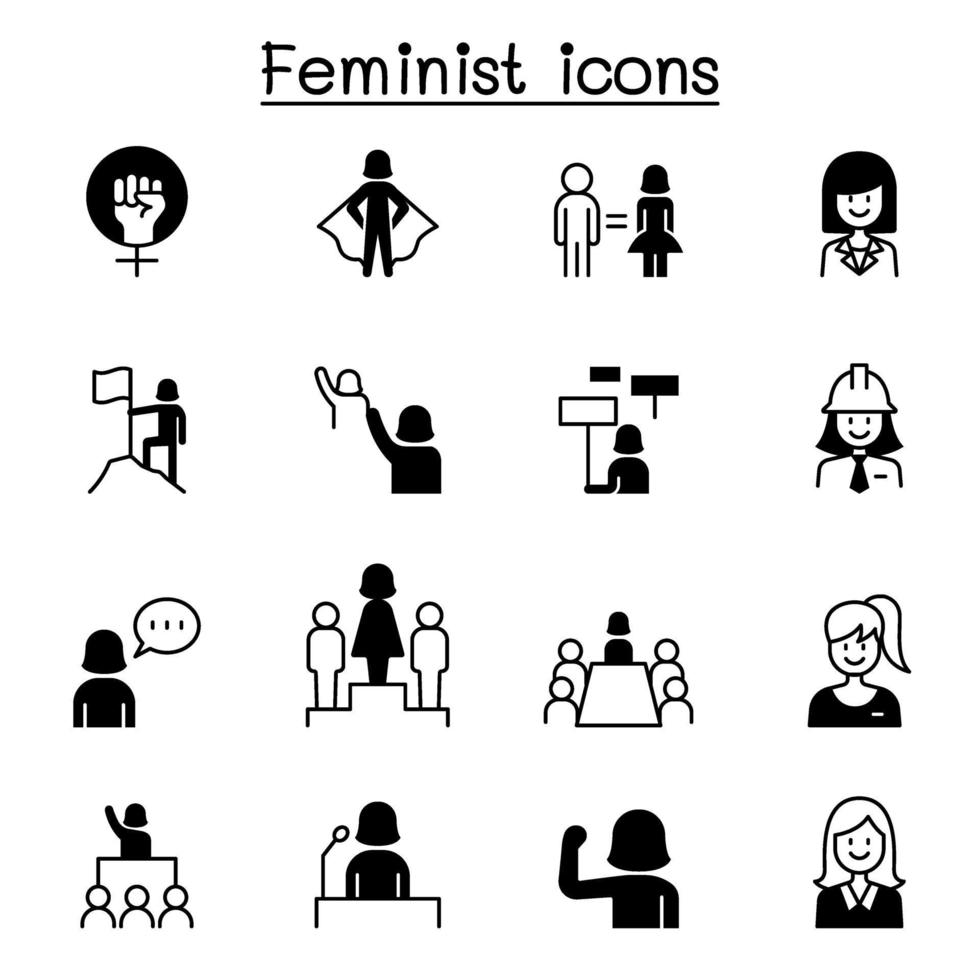 Los iconos del día femenino, femenino, feminista, de la mujer fijaron diseño gráfico del ejemplo del vector