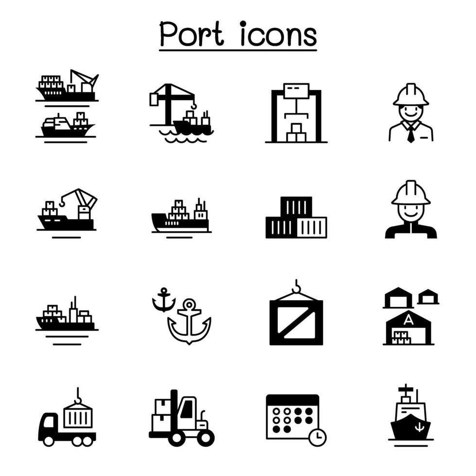 Set of marine port related vector icons.