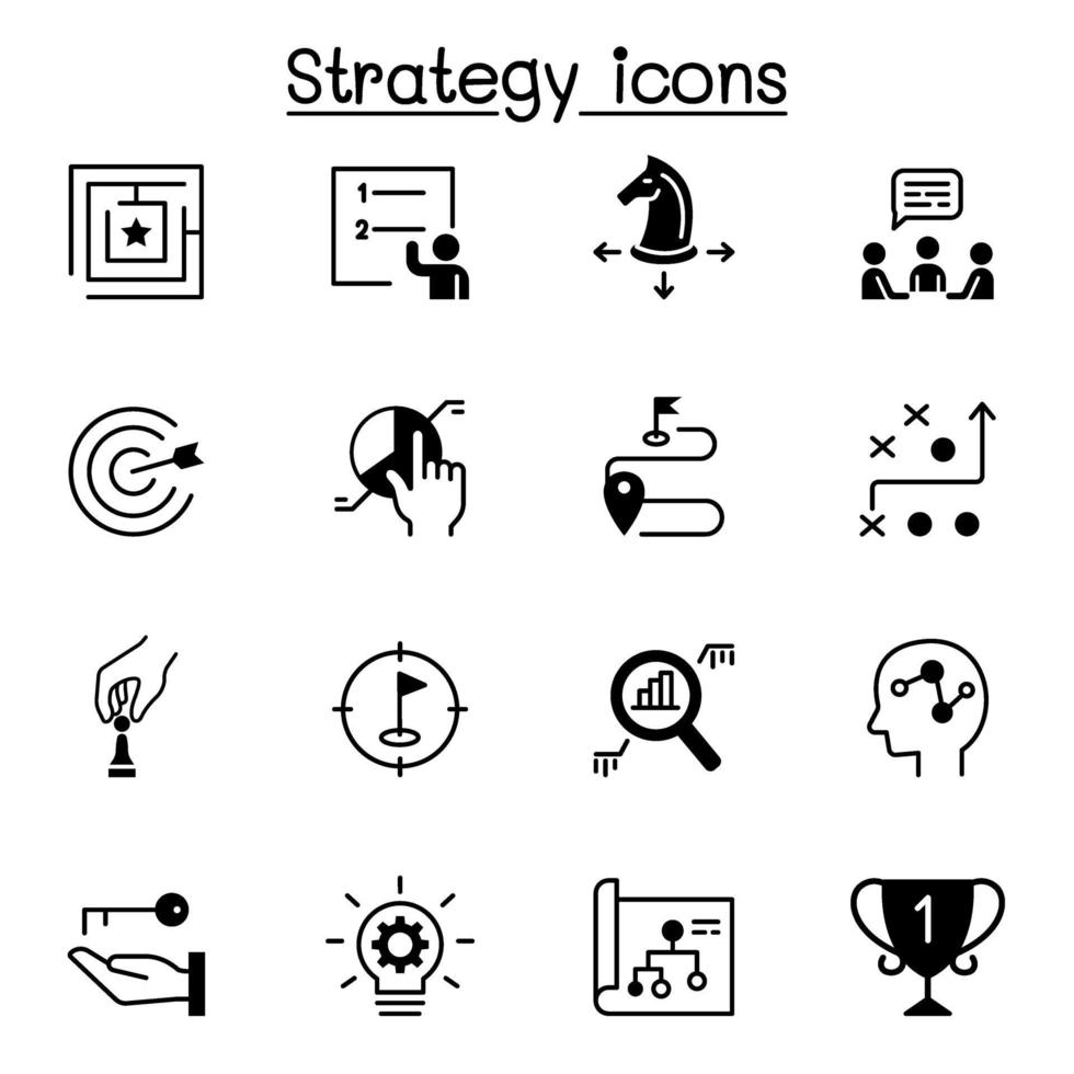 Diseño gráfico del ejemplo del vector del conjunto de iconos de estrategia y planificación