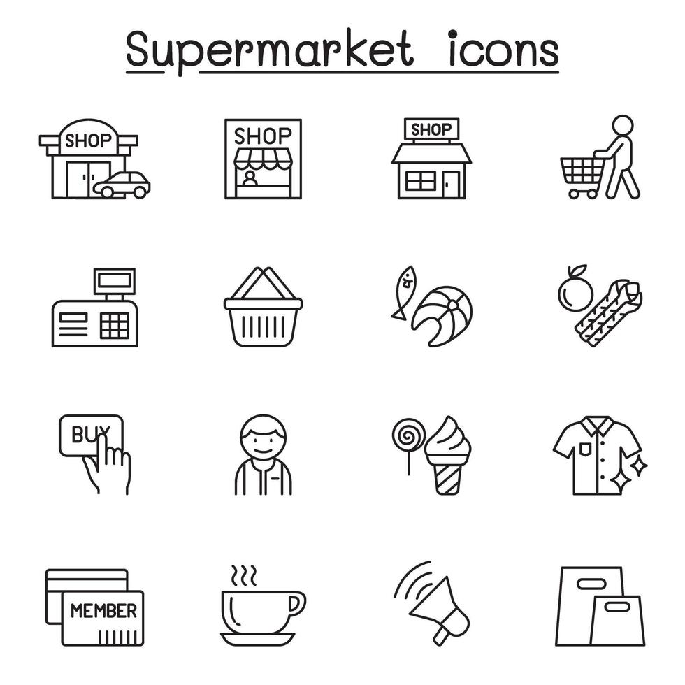 Supermarket icon set in thin line style vector