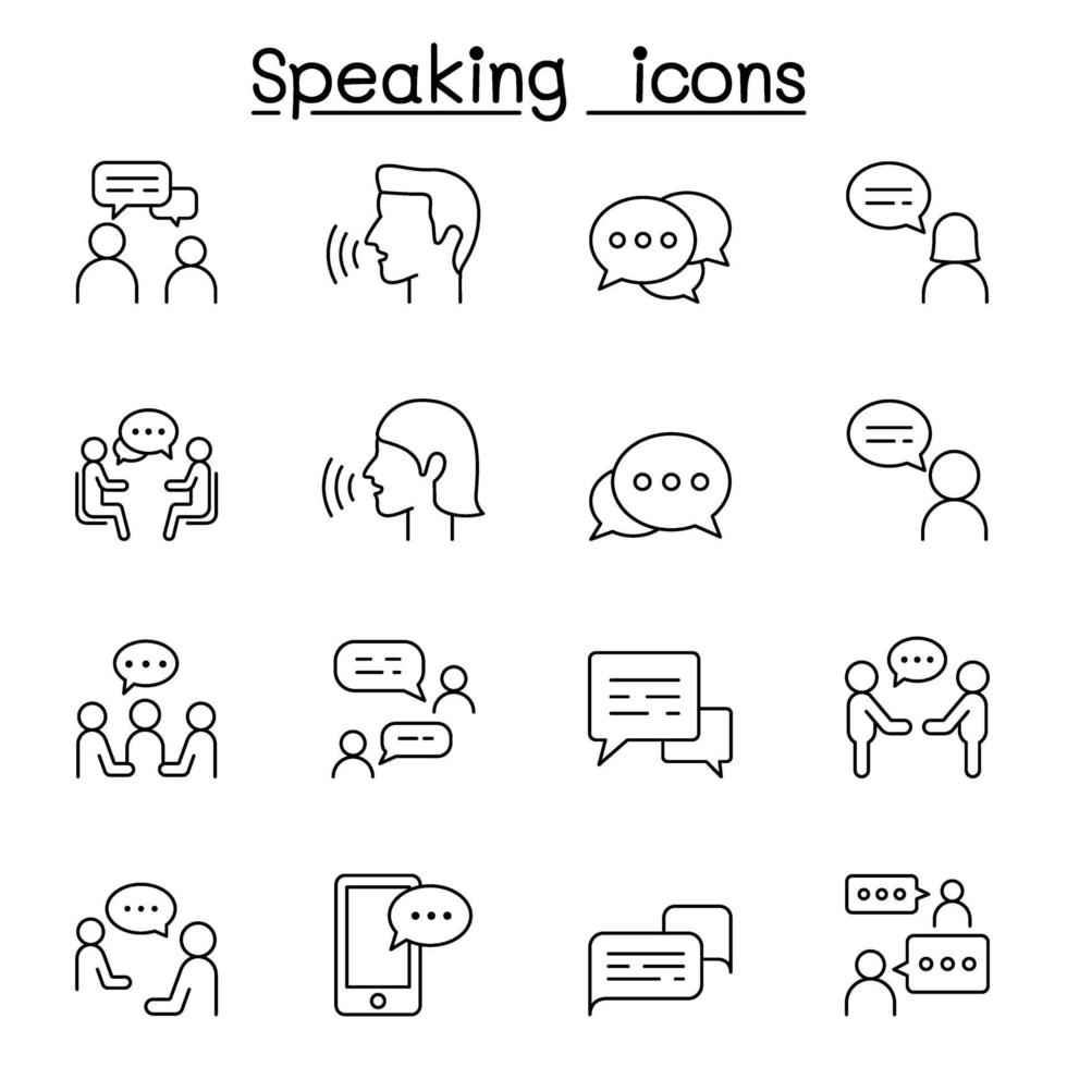 Talk, speech, discussion, dialog, speaking, chat, conference, meeting icon set in thin line style vector