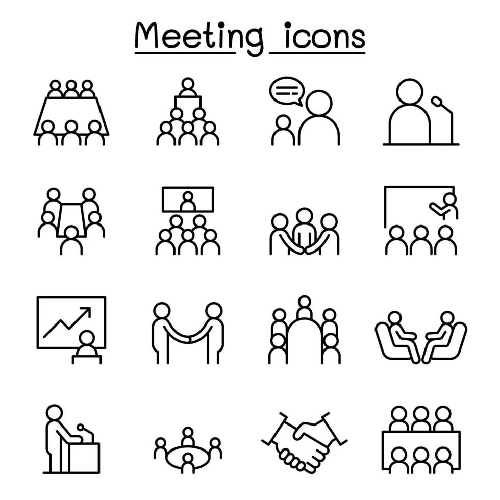 Meeting, conference, seminar, planning icon set in thin line style vector