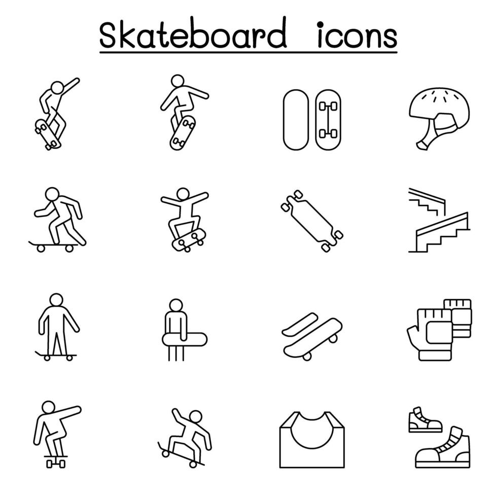 Skateboard icon set in thin line style vector