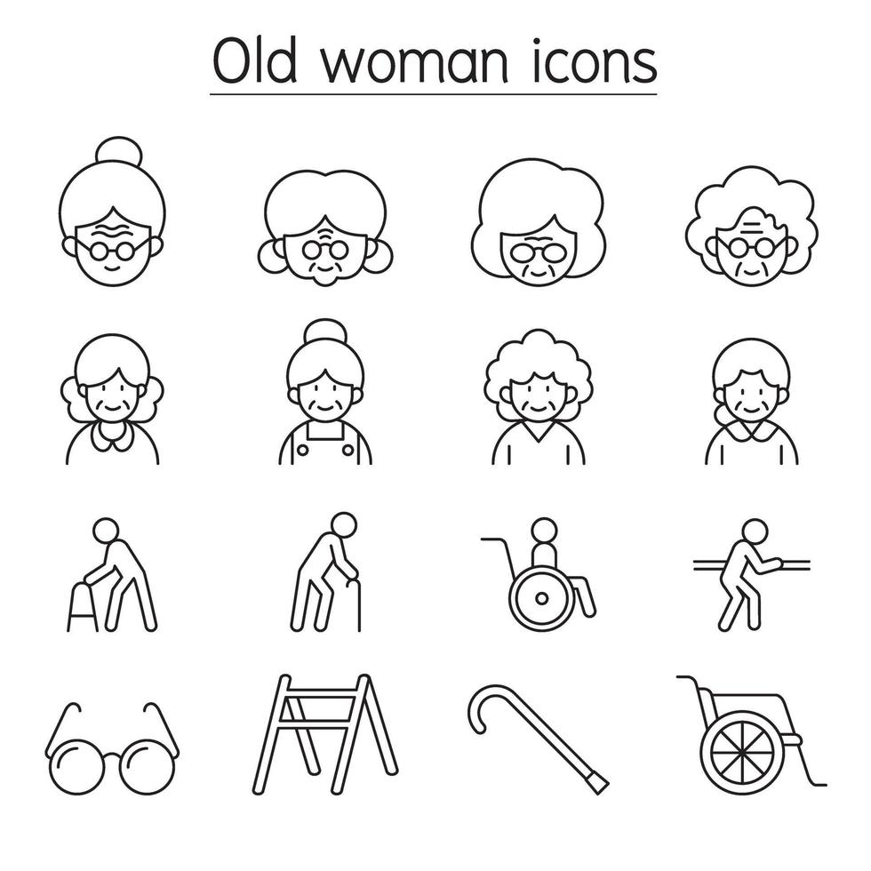 Old woman, Elder woman, Grandmother icon set in thin line style vector