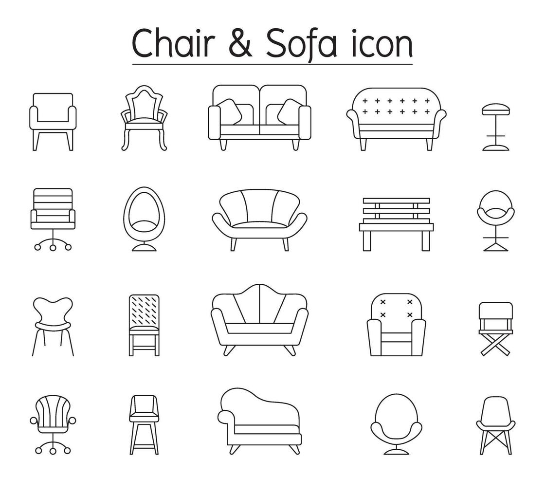 icono de silla y sofá en estilo de línea fina vector