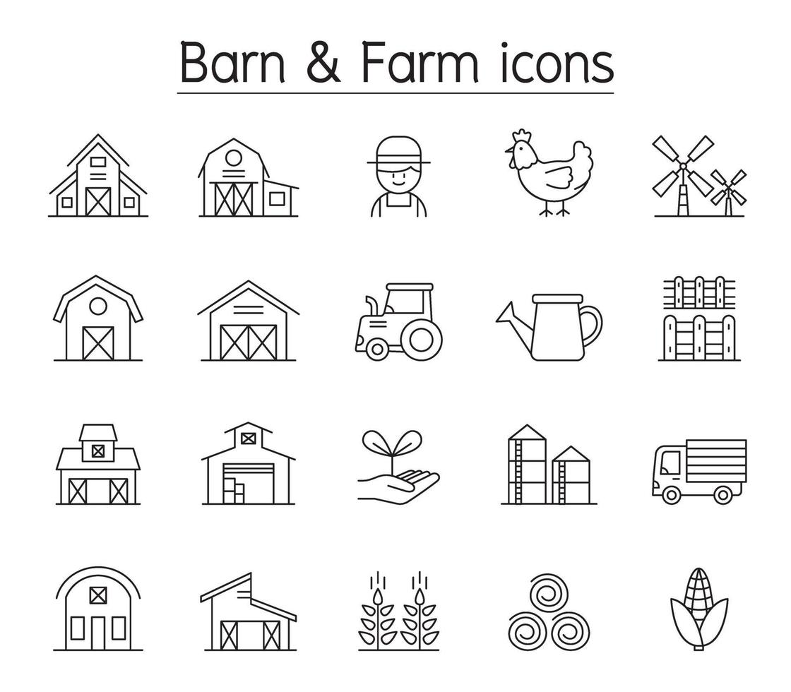 Barn and Farm icon set in thin liine style vector