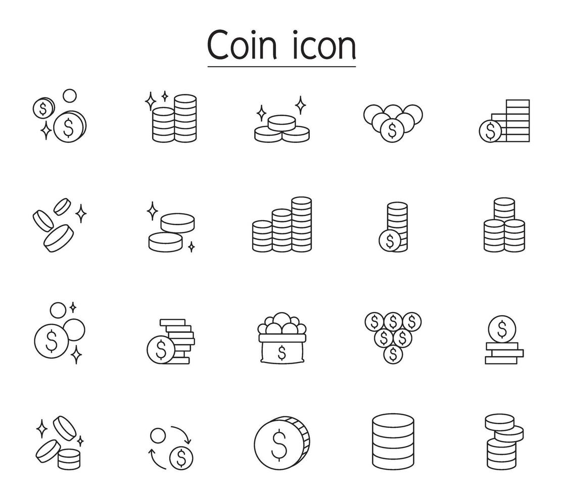 Coin icon set in thin line style vector