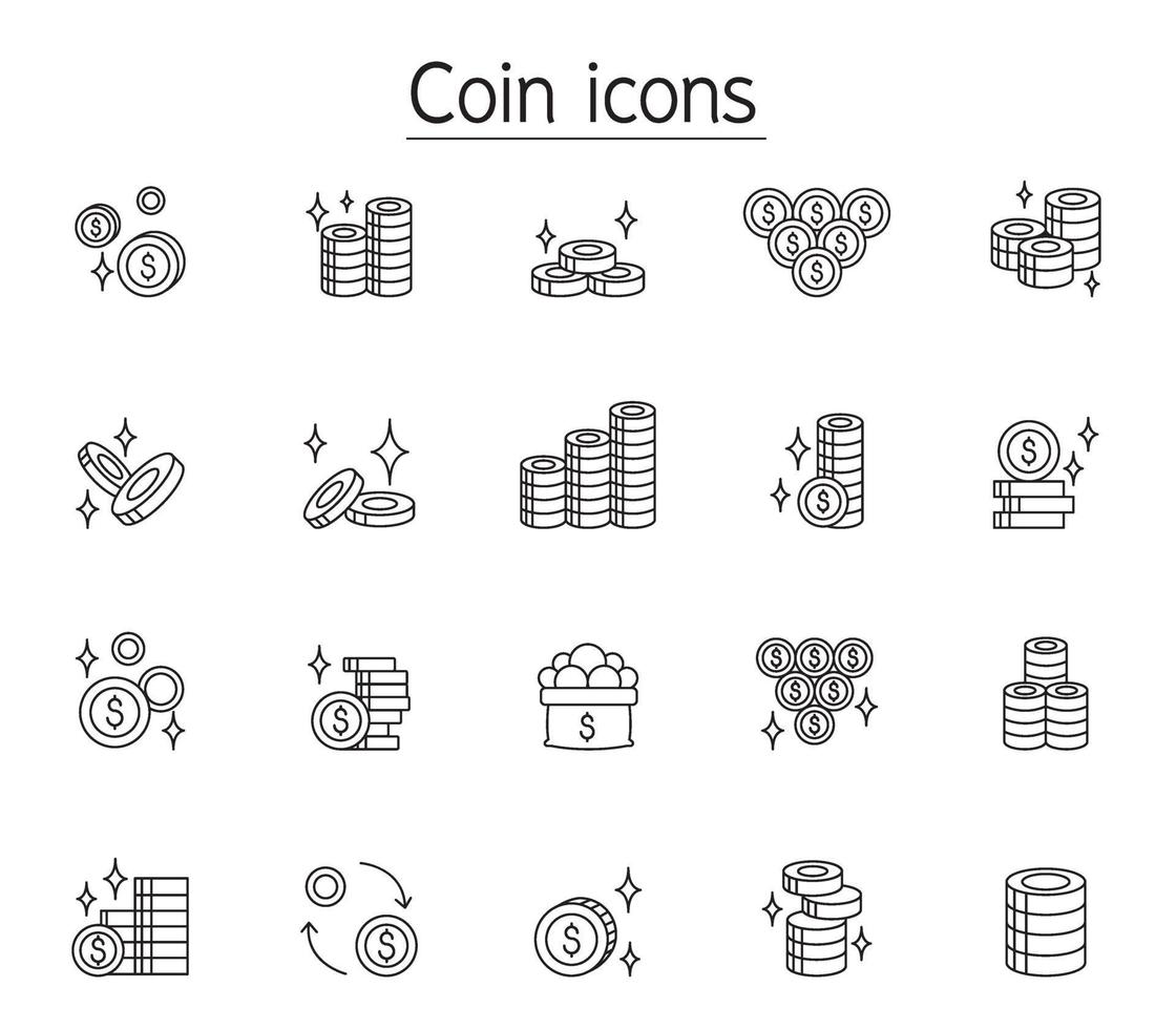 Money and Coin icon set in thin line style vector