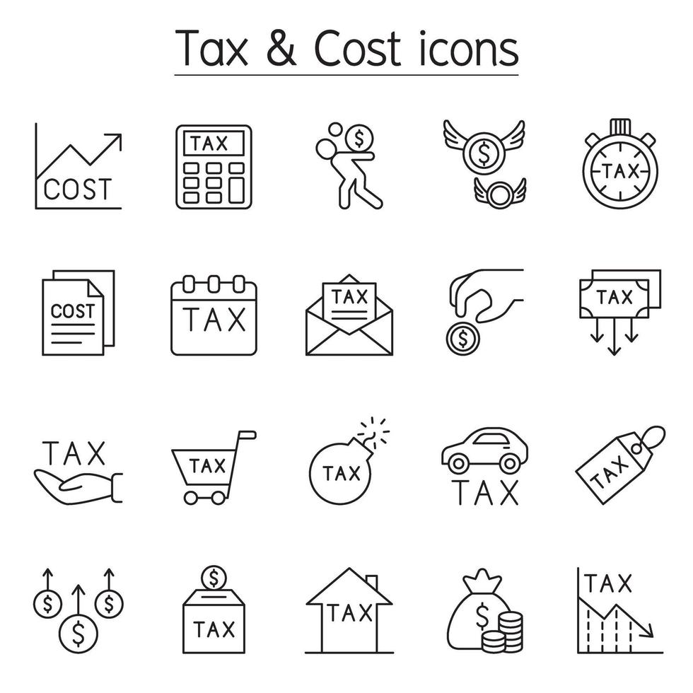 Tax and Cost icon set in thin line style vector