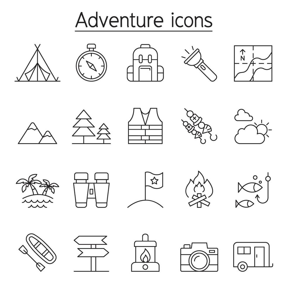 Camping and Adventure icon set in thin line style vector